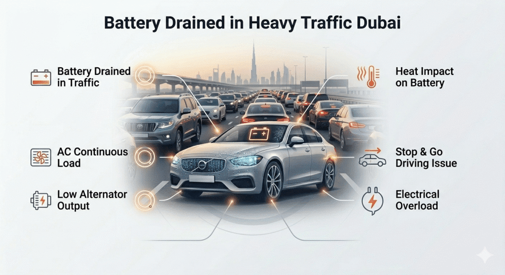 Car battery draining in heavy Dubai traffic with AC load and heat impact visual guide