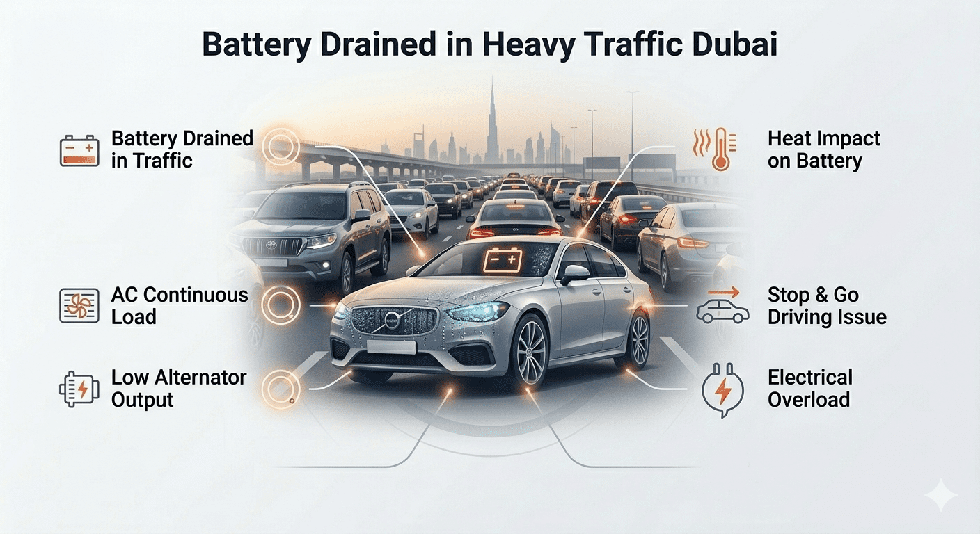 Car battery draining in heavy Dubai traffic with AC load and heat impact visual guide