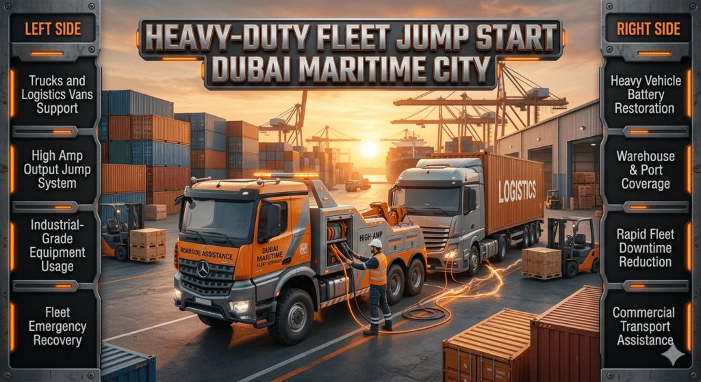 Technician performing heavy-duty jump start on a logistics truck in Dubai Maritime City using industrial-grade high-amp equipment with recovery truck and dockyard background.