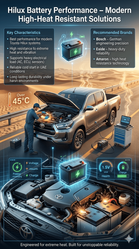 Toyota Hilux pickup truck undergoing battery replacement in UAE desert environment with technician installing high-performance battery and infographic panels showing heat resistance and recommended brands Bosch, Exide, and Amaron.