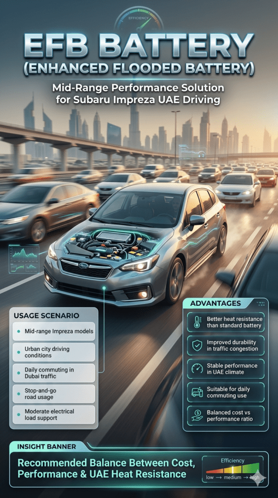 Subaru Impreza infographic showing EFB battery type with benefits like improved heat resistance, traffic durability, and city driving suitability displayed in side panels with Dubai traffic background.