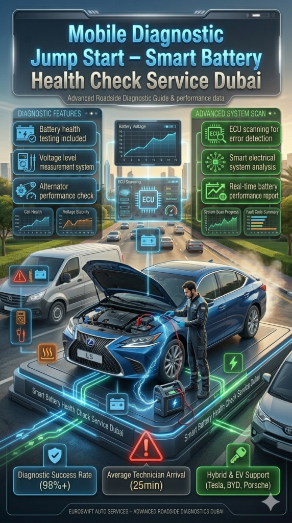 Mobile diagnostic jump start service showing technician performing battery health testing, voltage check, and ECU scanning on a car in Dubai roadside environment.