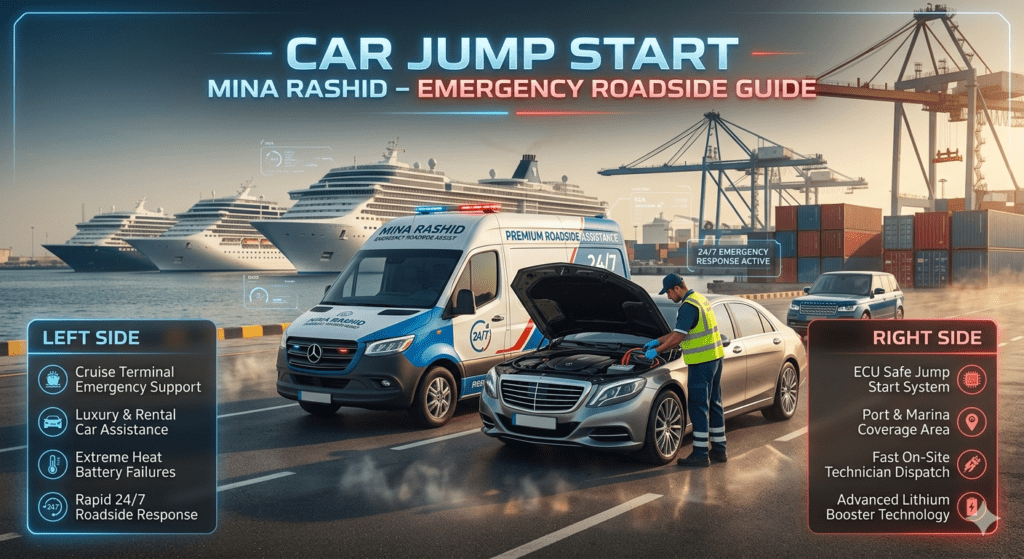 Luxury roadside assistance van performing jump start on a dead car battery near Mina Rashid cruise terminal with ships, dockyard cranes, and emergency service lighting.