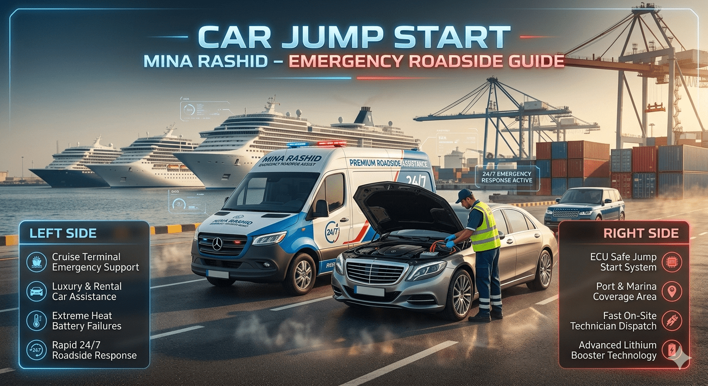 Luxury roadside assistance van performing jump start on a dead car battery near Mina Rashid cruise terminal with ships, dockyard cranes, and emergency service lighting.