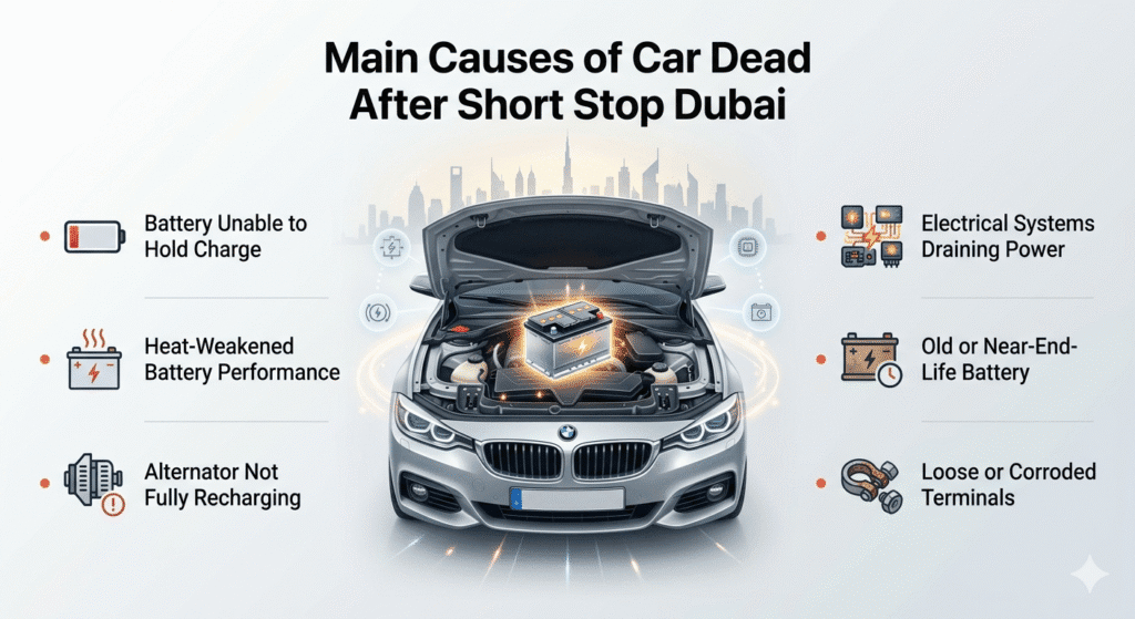 Main causes of car battery failure after short stop in Dubai with heat impact and electrical issues visual guide