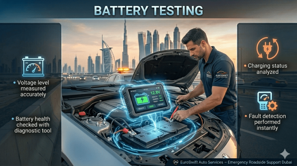Technician performing battery testing on a car using a digital diagnostic tool showing voltage and battery health analysis.