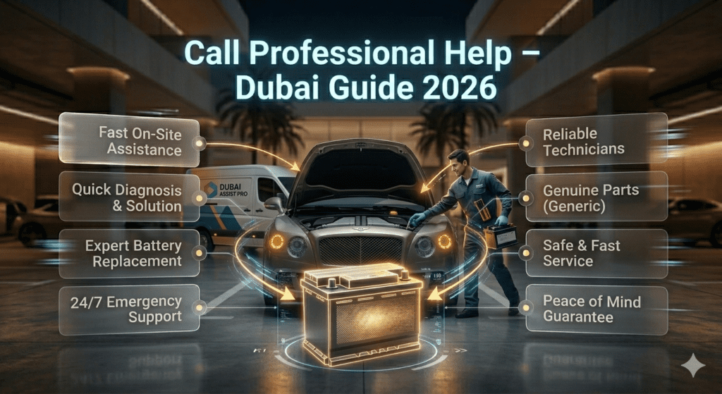 Professional roadside assistance helping stranded car in Dubai mall parking with fast battery service.
