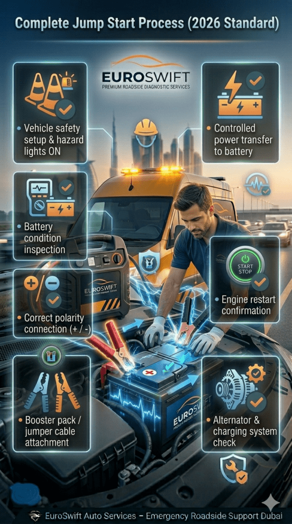 A professional roadside technician performing a complete car jump start process with booster cables, showing step-by-step battery connection and engine restart in a modern infographic style.
