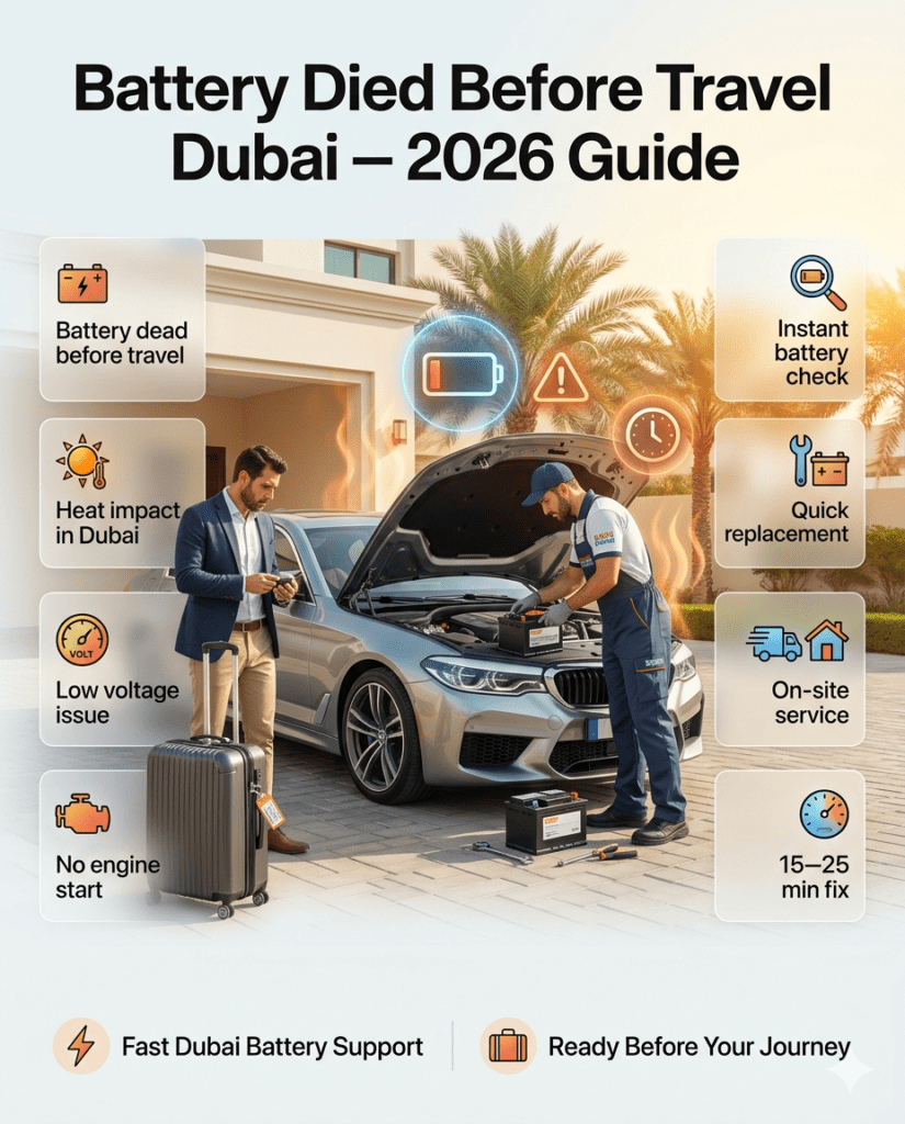 Car battery dead before travel in Dubai with technician replacing battery and traveler waiting with luggage in outdoor setting