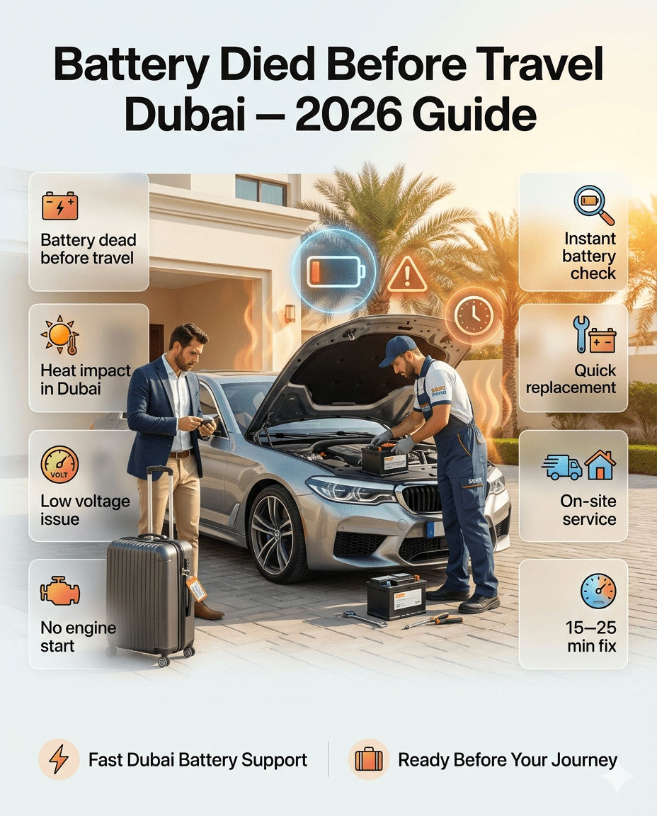 Car battery dead before travel in Dubai with technician replacing battery and traveler waiting with luggage in outdoor setting