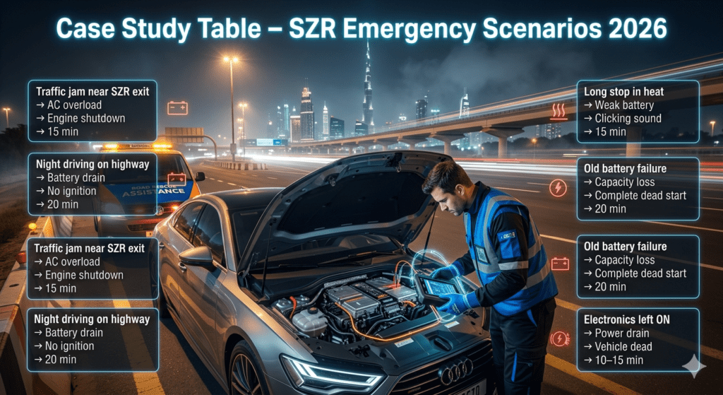 A cinematic roadside assistance scene on Sheikh Zayed Road showing a mechanic diagnosing a car battery with a futuristic case study table overlay displaying emergency breakdown scenarios.