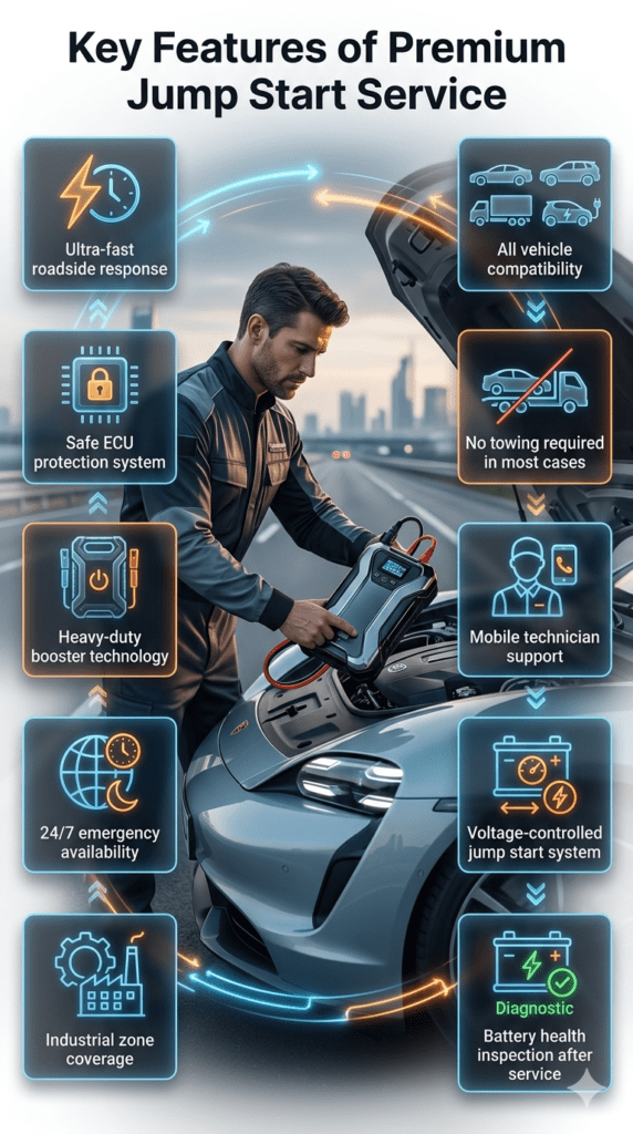 Premium infographic showing key features of a jump start service with a roadside technician assisting a car and multiple highlighted service benefits displayed in glowing UI panels.
