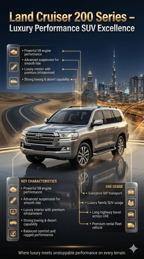 Toyota Land Cruiser 200 Series luxury SUV displayed in cinematic Dubai skyline and desert highway background with infographic panels showing V8 performance, comfort features, and UAE usage in executive and family transport.