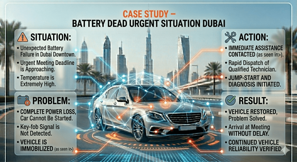 Case study of battery dead situation in Dubai showing problem, action, and result with quick mobile battery replacement