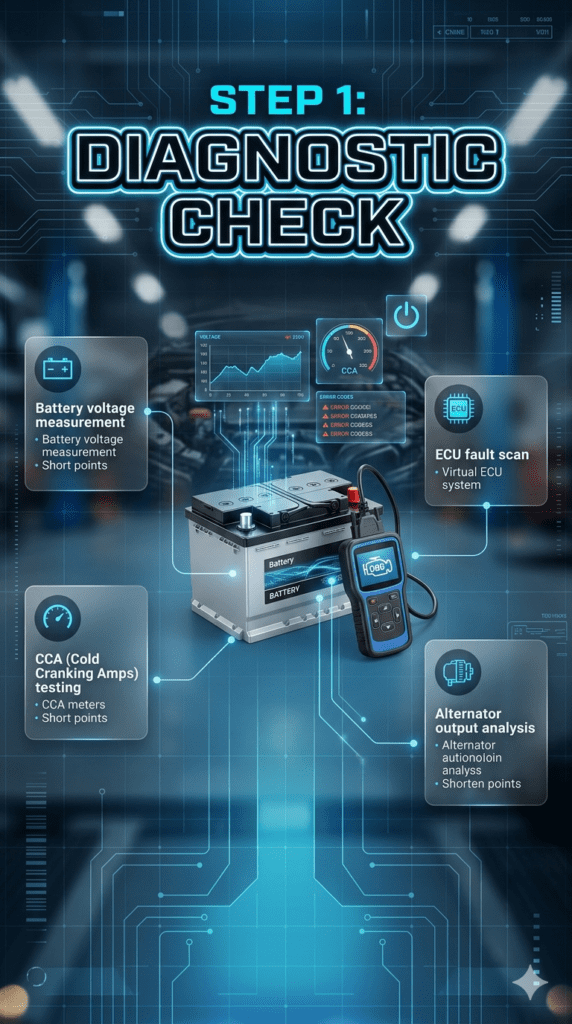 Automotive battery diagnostic check infographic showing voltage testing, CCA measurement, ECU scan, and alternator output analysis in professional workshop environment