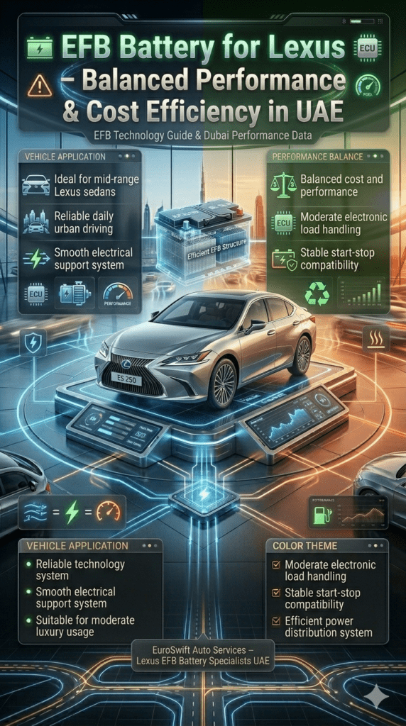 Lexus mid-range sedan infographic showing EFB battery system with balanced cost, moderate load handling, and urban driving suitability in Dubai conditions.