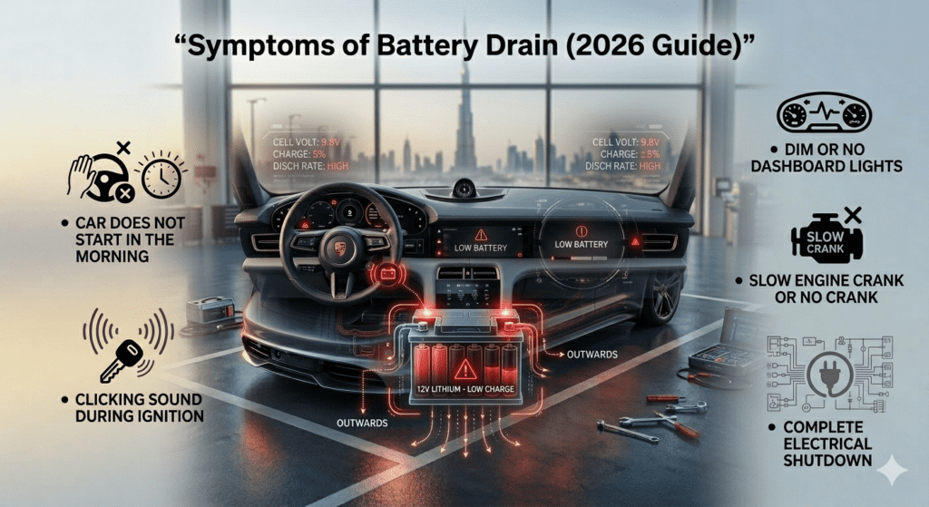 Car battery drain symptoms showing morning start failure, clicking ignition, dim lights, and electrical shutdown