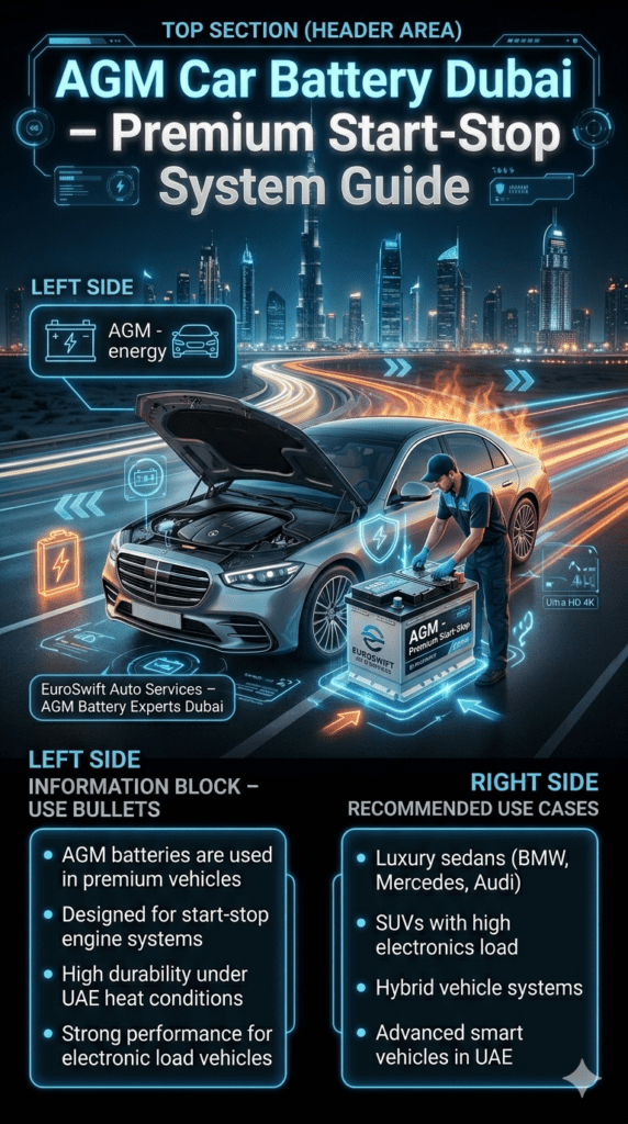 AGM car battery installation guide in Dubai showing premium luxury car with technician replacing start-stop system battery and infographic panels for recommended vehicle types