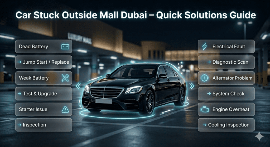 Infographic showing quick solutions for a car stuck outside a Dubai mall, including battery, starter, and electrical fixes.