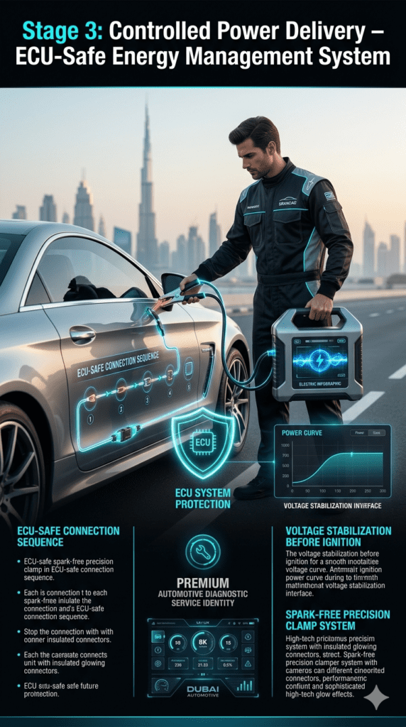 Controlled power delivery jump start process showing ECU-safe connection, voltage stabilization, and spark-free clamps during luxury car battery assistance.
