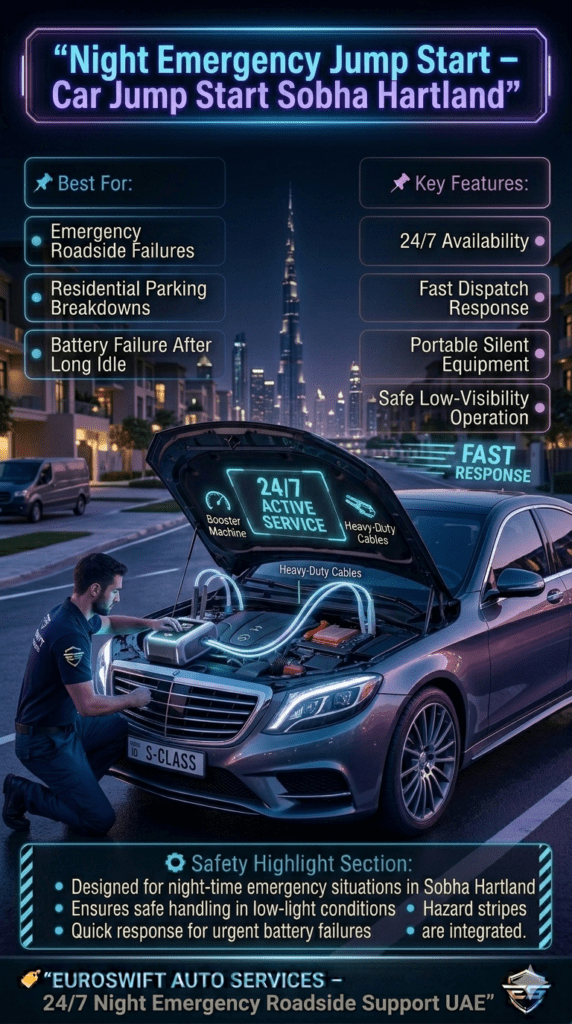Night emergency jump start service in Sobha Hartland Dubai showing technician using portable battery booster on luxury car in low-light parking with 24/7 roadside assistance infographic.