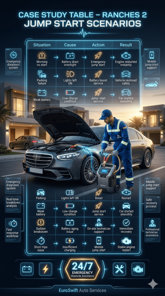 Cinematic infographic showing Ranches 2 jump start case study table with breakdown situations, causes, actions, and results alongside technician performing emergency battery boost service.