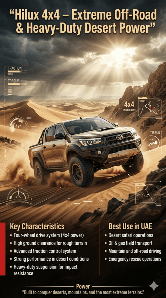 Toyota Hilux 4x4 pickup truck shown driving through UAE desert dunes and rocky mountain terrain with infographic panels highlighting four-wheel drive system, off-road performance, and heavy-duty usage.