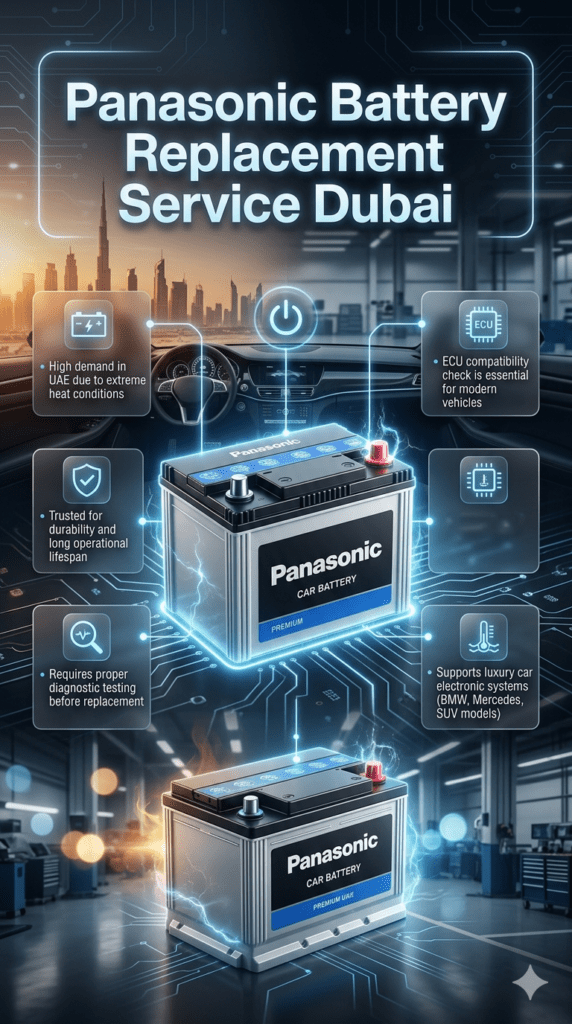 Panasonic battery replacement service Dubai infographic showing high durability, heat resistance, ECU diagnostics, and luxury vehicle compatibility in UAE automotive environment