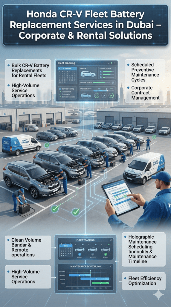 Honda CR-V fleet battery replacement service in Dubai showing multiple vehicles, bulk installation, scheduled maintenance cycles, and corporate fleet management system.