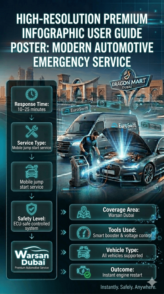 Premium mobile jump start service infographic showing Warsan Dubai service performance with response time, safety system, tools, and instant engine restart features displayed around a central luxury car image.