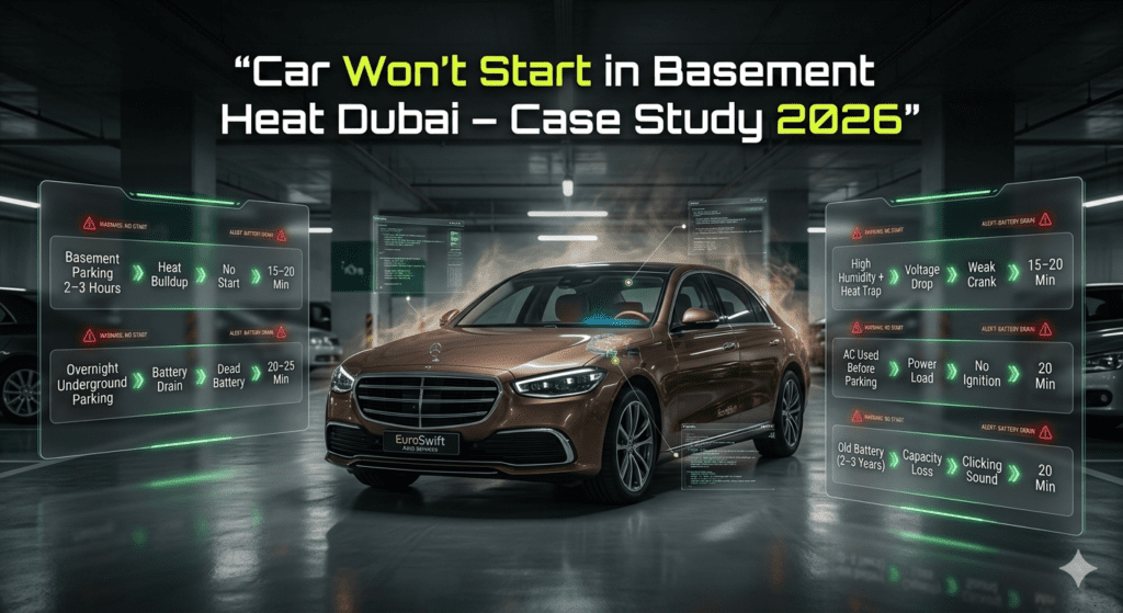 Case study table of car not starting in Dubai basement heat showing situations, causes, results, and fix times.