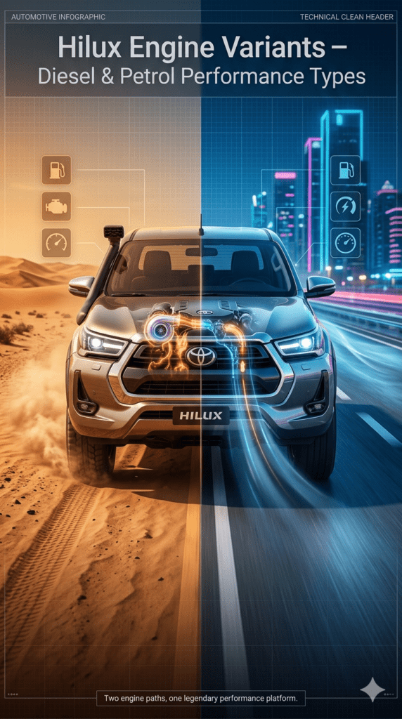 Toyota Hilux pickup truck shown in split view with diesel engine desert performance and petrol engine city driving environment, featuring infographic panels explaining engine types, efficiency, and UAE usage.