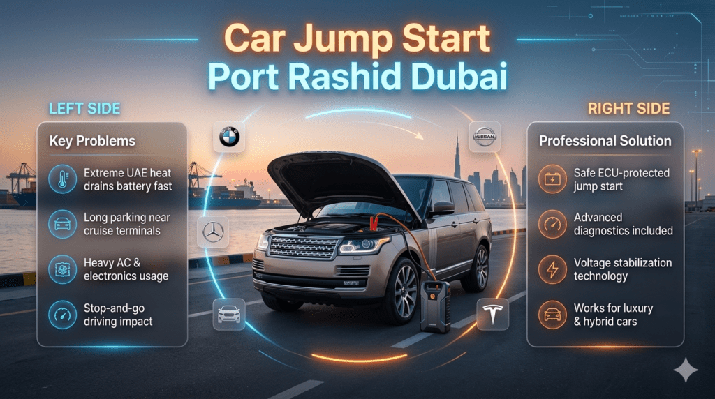 Car jump start Port Rashid Dubai infographic showing luxury vehicle battery boost with key causes and professional solutions in UAE heat conditions