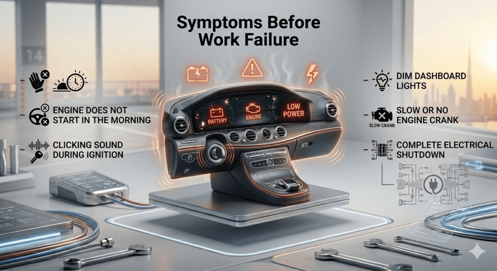 Car starting failure symptoms before work showing dashboard warning lights, clicking ignition, and electrical issues