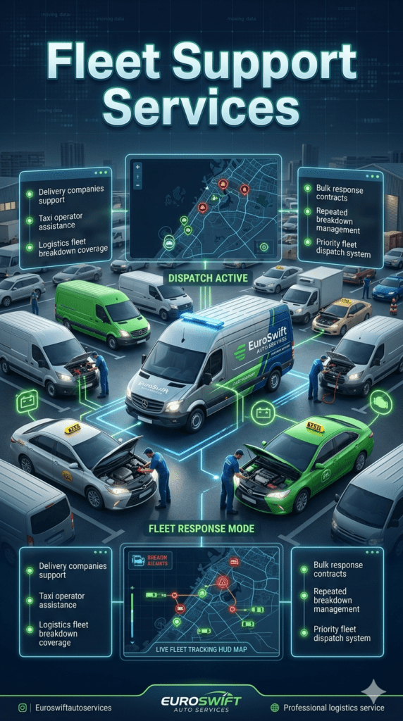 Fleet support services in Dubai showing roadside assistance team handling multiple delivery vans and taxis with digital fleet tracking system and breakdown response coordination.