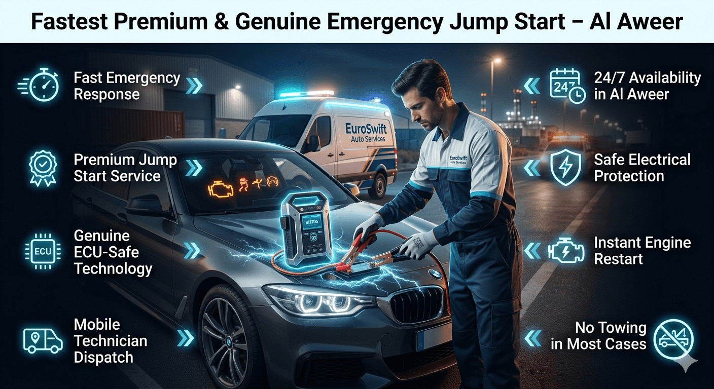 Professional technician performing emergency car jump start in Al Aweer industrial area using mobile booster equipment and safe roadside assistance system.
