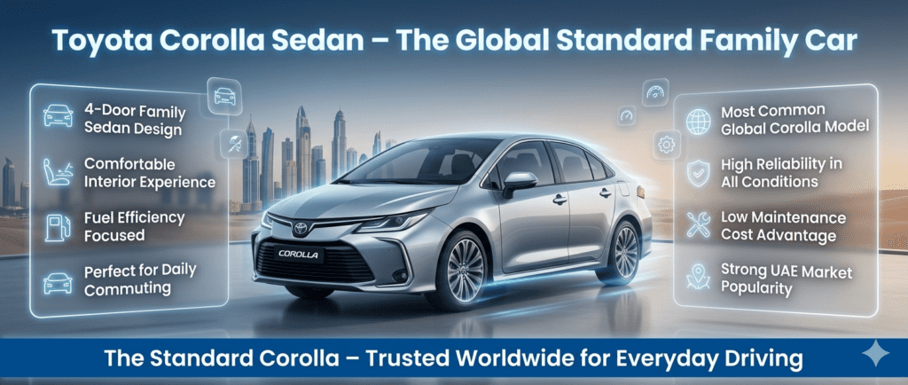 Toyota Corolla Sedan infographic showing 4-door family design, fuel efficiency, comfort features, and global popularity with Dubai automotive background.