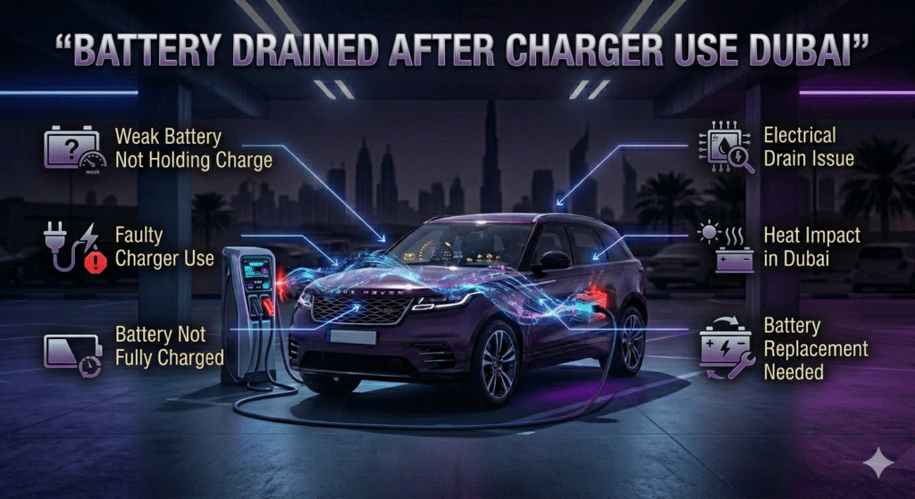 Car battery draining after charger use in Dubai showing weak battery and charging issue