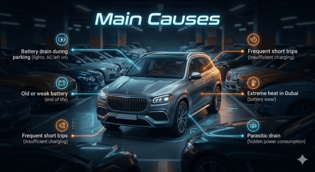 Main Causes Car battery causes infographic showing battery drain, heat, and weak battery issues in crowded parking