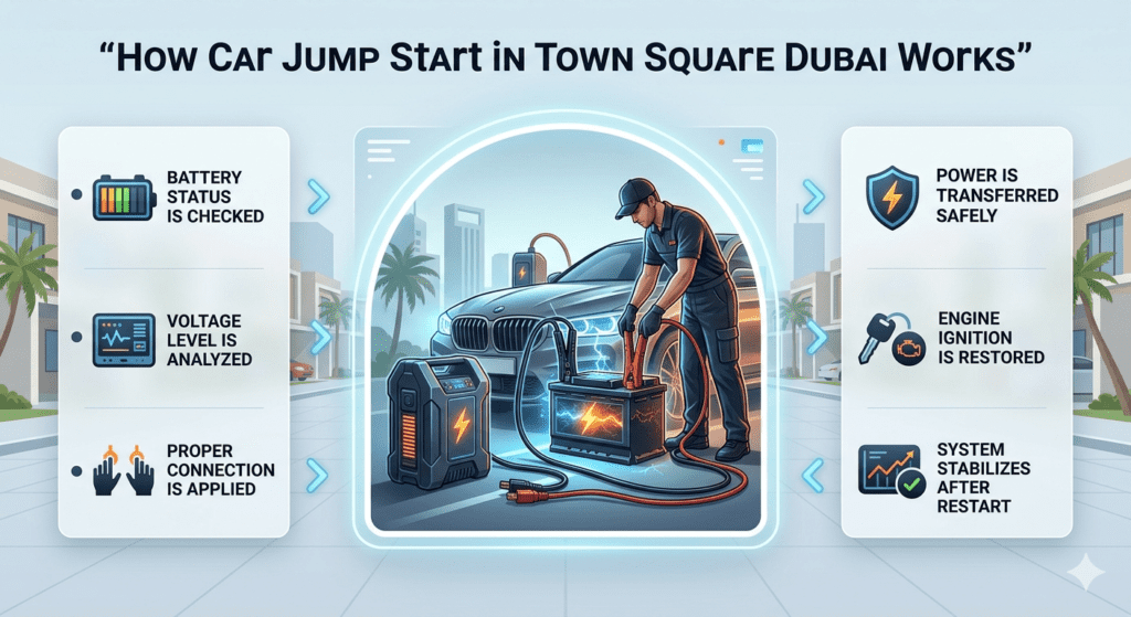 Professional infographic showing how car jump start service works in Town Square Dubai with step-by-step battery check, voltage analysis, safe connection, power transfer, engine start, and system stabilization.