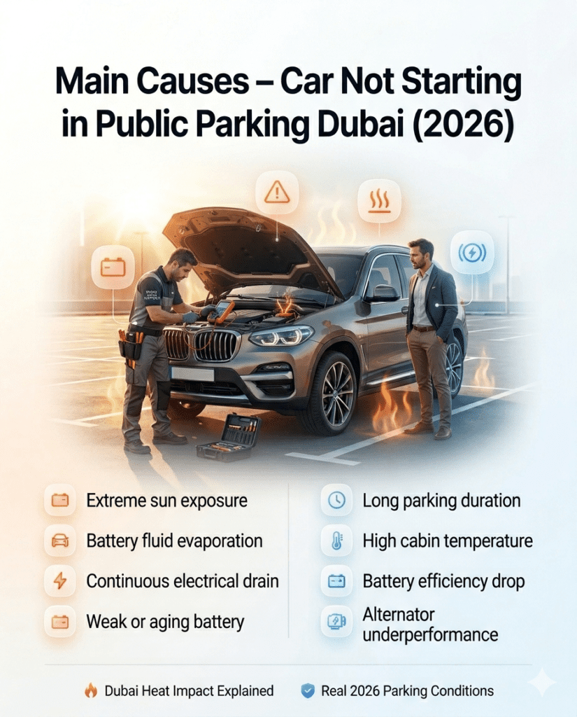Technician fixing car battery in Dubai public parking under heat showing main causes of car not starting including battery drain and heat exposure