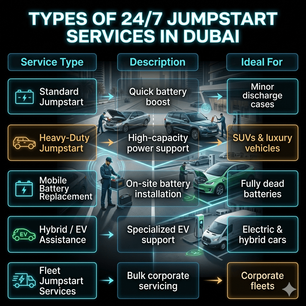 A premium infographic showing different types of jumpstart services in Dubai including standard, heavy-duty, EV, mobile battery replacement, and fleet support.