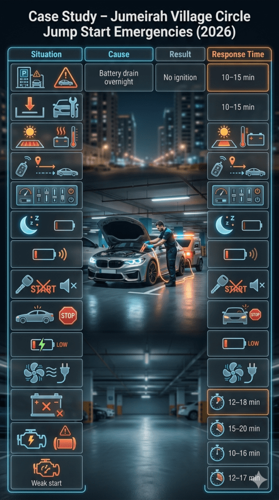 Jumeirah Village Circle jump start emergency case study infographic showing residential parking issues, underground parking failure, heat exposure, short trips, and electrical load battery failures with response times.