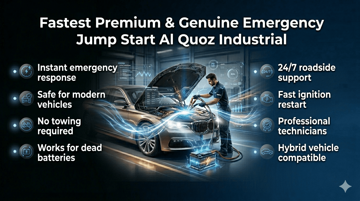 Emergency car jump start FAQ visual in Al Quoz Industrial showing technician boosting a battery with key service benefits highlighted.