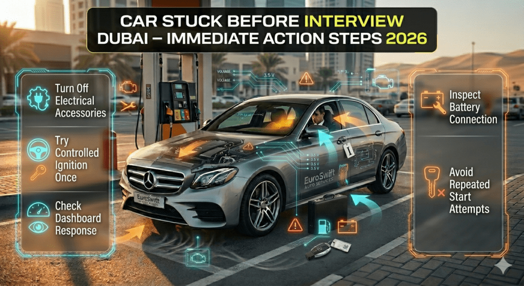 Immediate steps to handle car stuck before interview in Dubai including turning off systems and checking battery connection.