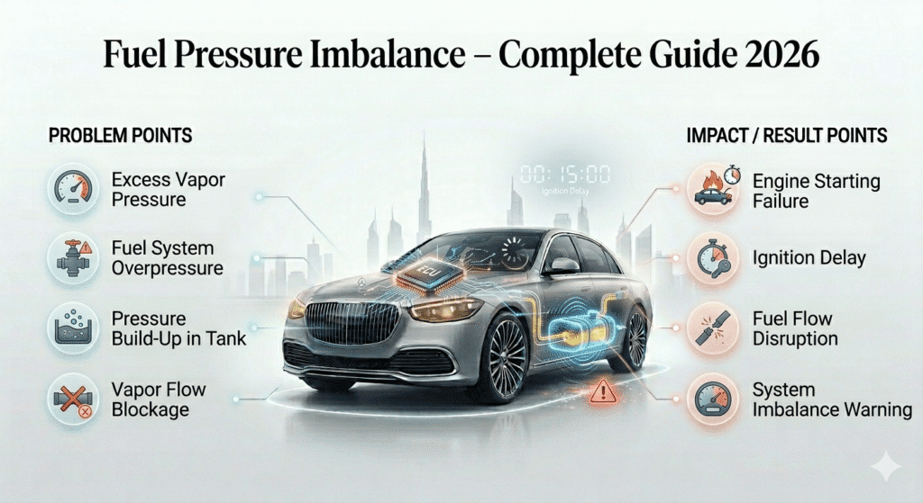 Fuel pressure imbalance causing car not to start after refueling shown in a clean automotive infographic guide
