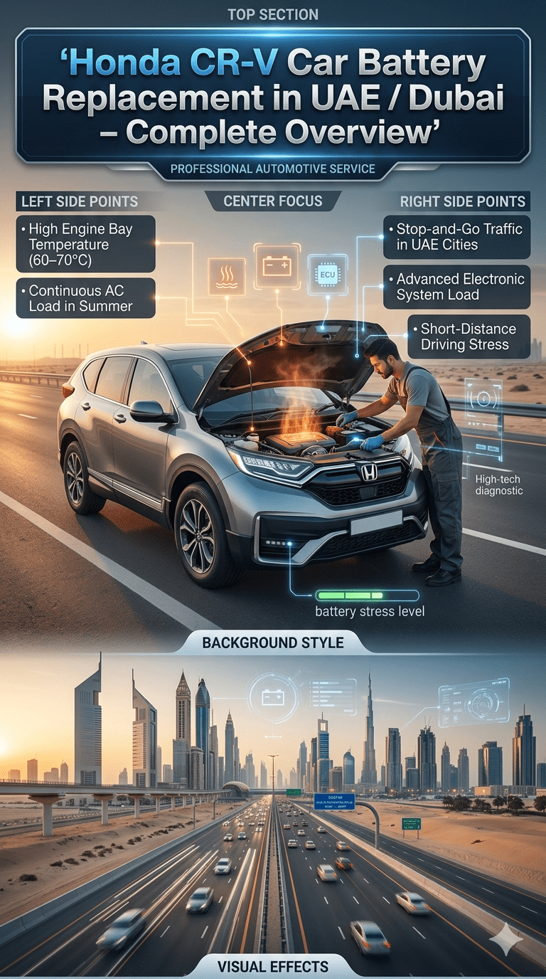 Honda CR-V SUV battery replacement infographic showing UAE heat impact, traffic stress, electronic load, and professional automotive diagnostic overview.