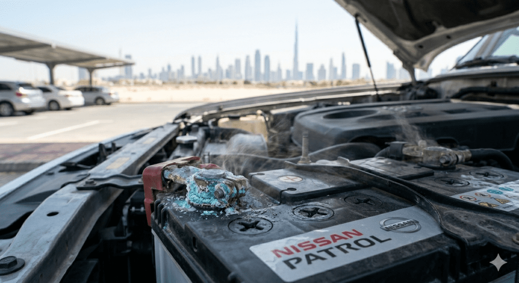 Extreme heat in Dubai causing car battery chemical breakdown and failure