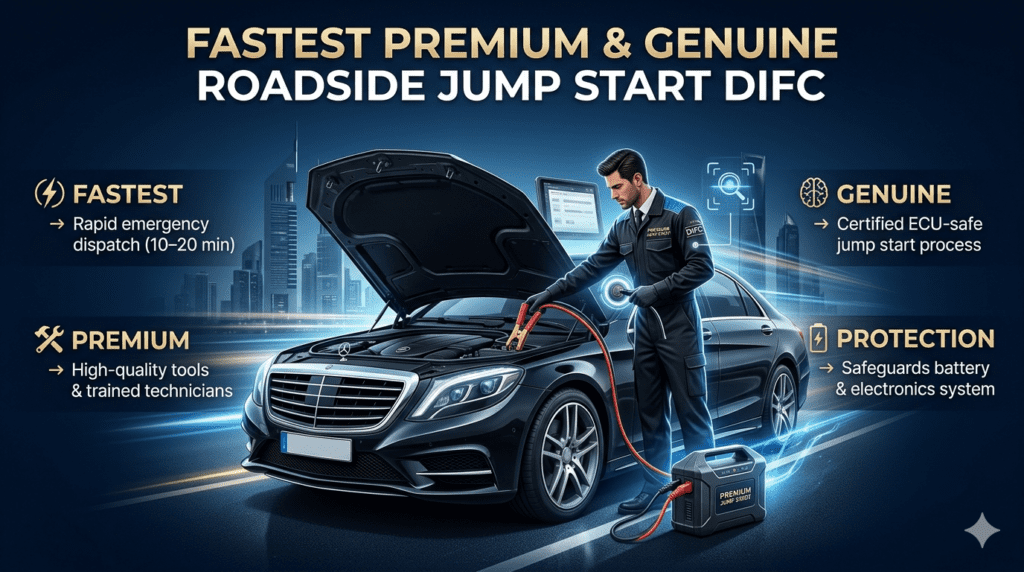Premium roadside jump start service in DIFC showing technician performing ECU-safe battery boost with keyword explanation displayed on both sides.