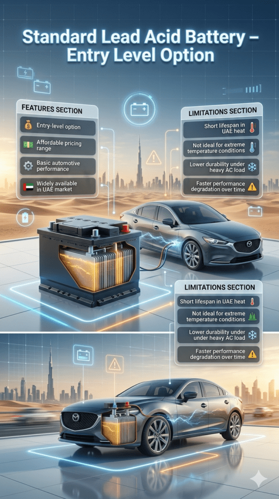 Automotive infographic showing standard lead acid battery features, low cost benefits, and short lifespan in UAE heat conditions.